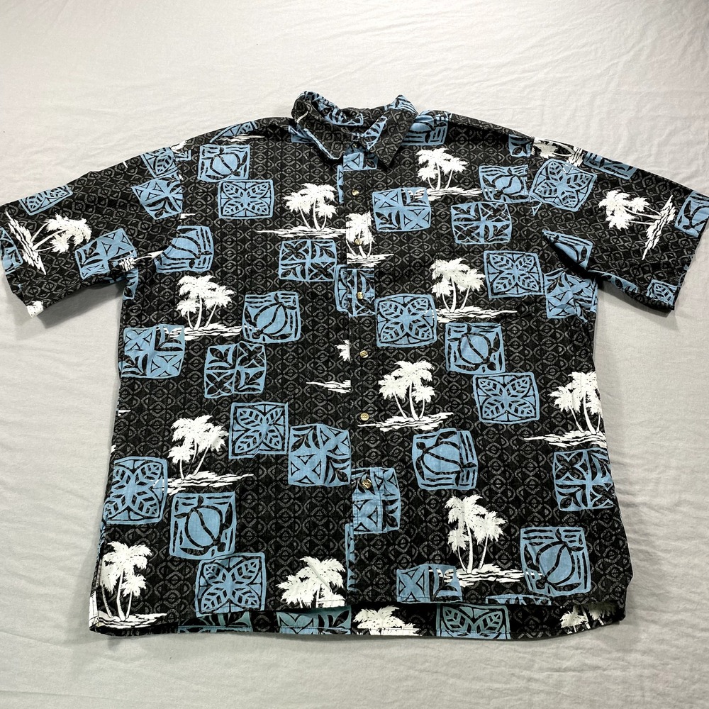 Hilo Hattie Shirt Adult XL Black Blue Button Up Hawaiian Camp Casual Turtle Mens